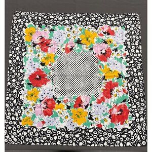 Vintage Floral Silk Scarf With Abstract Eye Motif And Colorful Botanical Print H